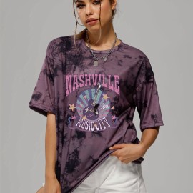 Tie Dye Letter Rock Music Guitar Print Tee, Summer Round Neck Casual Sports T-shirts, Women's Clothing