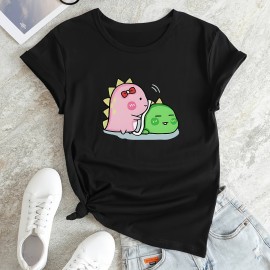 Cartoon Dinosaur Print Casual T-Shirt, Round Neck Short Sleeves Stretchy Versatile Sports Tee, Women's Tops