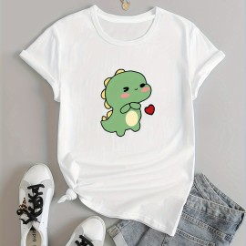 Cartoon Dinosaur Print Casual T-Shirt, Round Neck Short Sleeves Stretchy Versatile Sports Tee, Women's Tops