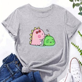 Cartoon Dinosaur Print Casual T-Shirt, Round Neck Short Sleeves Stretchy Versatile Sports Tee, Women's Tops