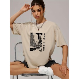 Retro Letter & City Street Print Pullover Shirt, Fashion Crew Neck Short Sleeve Tee, Women's Clothing