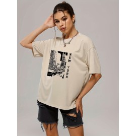 Retro Letter & City Street Print Pullover Shirt, Fashion Crew Neck Short Sleeve Tee, Women's Clothing