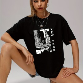 Retro Letter & City Street Print Pullover Shirt, Fashion Crew Neck Short Sleeve Tee, Women's Clothing