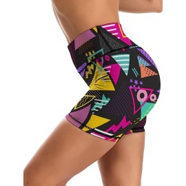 High Waist Tummy Control Geometric Pattern Yoga Fitness Shorts for Women - Activewear for Running and Cycling