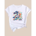 Colorful Chinese Dragon Print Casual T-Shirt, Round Neck Short Sleeves Comfy Sports Top, Women's Sporty Clothing