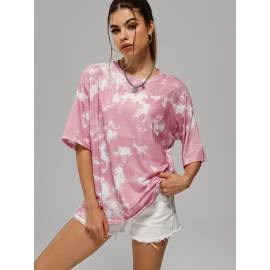 Full Tie Dye Crew Neck Sports T-shirts, Short Sleeve Loose Casual Summer Tee, Women's Tops