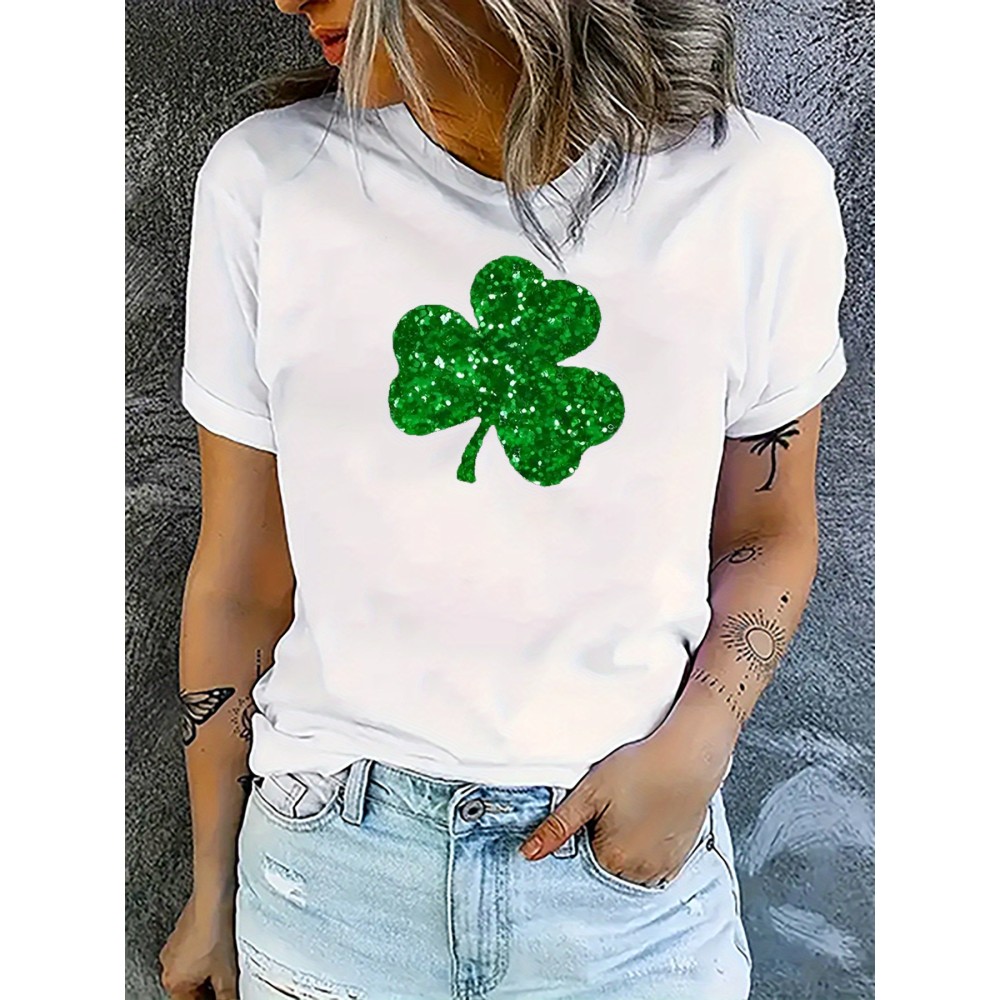 St. Patrick's Day Clover Pattern T-Shirt, Short Sleeve Crew Neck Casual Sports Tee, Women's Clothing