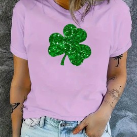 St. Patrick's Day Clover Pattern T-Shirt, Short Sleeve Crew Neck Casual Sports Tee, Women's Clothing