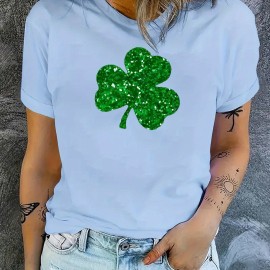 St. Patrick's Day Clover Pattern T-Shirt, Short Sleeve Crew Neck Casual Sports Tee, Women's Clothing