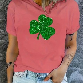 St. Patrick's Day Clover Pattern T-Shirt, Short Sleeve Crew Neck Casual Sports Tee, Women's Clothing