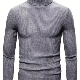 Turtle Neck Knitted Slim Fit Sweater, Men's Casual Warm Solid High Stretch Pullover Sweater For Fall Winter