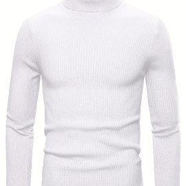 Turtle Neck Knitted Slim Fit Sweater, Men's Casual Warm Solid High Stretch Pullover Sweater For Fall Winter