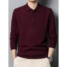 Solid Color Men's Stretch Comfy Knitted Long Sleeve Lapel Shirt, Men's Thin Spring Fall Sweater Pullover Top