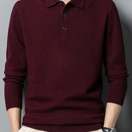 Solid Color Men's Stretch Comfy Knitted Long Sleeve Lapel Shirt, Men's Thin Spring Fall Sweater Pullover Top