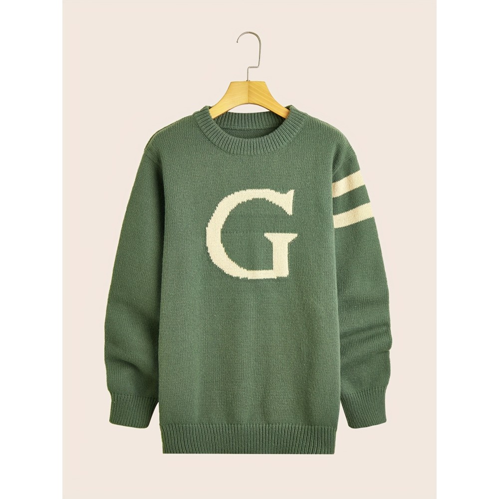 Men's ''G'' Pattern Sweater, Warm Trendy Knit Pullover