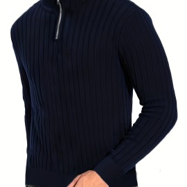 Men's Stand Collar Solid Knit Sweater , Men's Casual Lapel Slightly Stretch V-Neck Pullover Sweater For Men Winter Fall