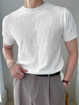 Men's Stylish Checkered Pattern Knitted Pullover, Casual Breathable Short Sleeve Crew Neck Top For City Walk Street Hanging Outdoor Activities