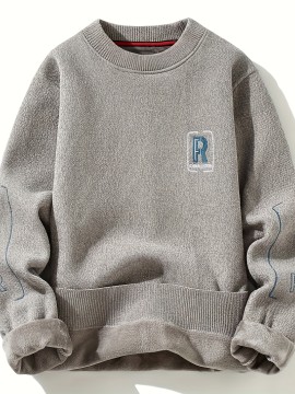 Knitted Plush Lined Sweater, Men's Casual Warm Slightly Stretch Crew Neck Pullover Sweater For Men Fall Winter