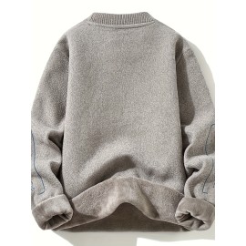 Knitted Plush Lined Sweater, Men's Casual Warm Slightly Stretch Crew Neck Pullover Sweater For Men Fall Winter