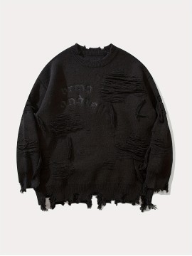 Men's Stylish Letters Pattern Ripped Knitted Pullover, Casual Breathable Long Sleeve Crew Neck Top For City Walk Street Hanging Outdoor Activities