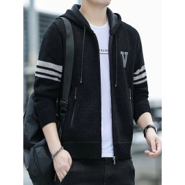 Men's Striped Fleece Hooded Cardigan, Casual Slightly Stretch Breathable Zip Up Thermal Jacket For Fall Winter Outdoor