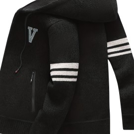 Men's Striped Fleece Hooded Cardigan, Casual Slightly Stretch Breathable Zip Up Thermal Jacket For Fall Winter Outdoor