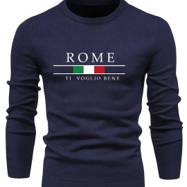 ROME Print Men's Casual Stretch Long Sleeve Knitted Round Neck Sweater, Spring Fall Pullover Top