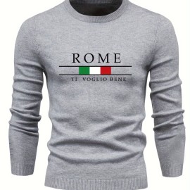 ROME Print Men's Casual Stretch Long Sleeve Knitted Round Neck Sweater, Spring Fall Pullover Top