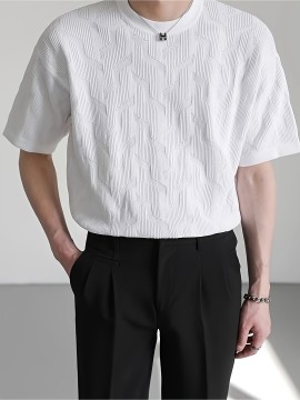 Chic Short Sleeve Knit Shirts, Men's Casual Warm Mid Stretch Crew Neck Pullover Tshirt For Fall Summer