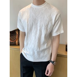 Chic Short Sleeve Knit Shirts, Men's Casual Warm Mid Stretch Crew Neck Pullover Tshirt For Fall Summer