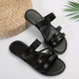 Women's Lightweight Braided Band Flat Slides - Open Toe Slip On Summer Beach Shoes