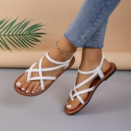 Women's Braided Thong Sandals - Lightweight Casual Elastic Strap Flat Summer Beach Shoes