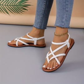 Women's Braided Thong Sandals - Lightweight Casual Elastic Strap Flat Summer Beach Shoes