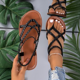 Women's Braided Thong Sandals - Lightweight Casual Elastic Strap Flat Summer Beach Shoes