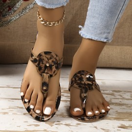 Women's Leopard Pattern Slide Sandals, Fashion Clip Toe Flat Summer Shoes, Casual Outside Beach Flip Flops