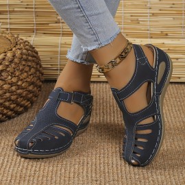 Women's Solid Color Casual Sandals - Comfortable Slip On Closed Toe Lightweight Flat Shoes with Low Wedge