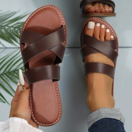 Women's Lightweight Cross Strap Flat Slides - Casual Open Toe Slip On Beach Sandals