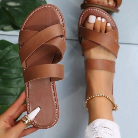 Women's Lightweight Cross Strap Flat Slides - Casual Open Toe Slip On Beach Sandals