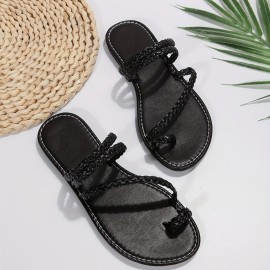 Women's Braided Straps Flat Sandals - Comfortable Toe Loop Beach Shoes for Causal & Vacation Summer Wear