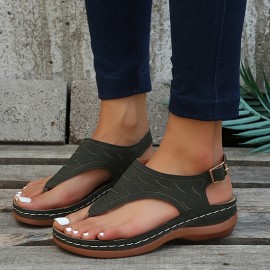 Women's Retro Wedge Thong Sandals, Casual Buckle Strap Arch Support Sandals, Comfortable Summer Sandals