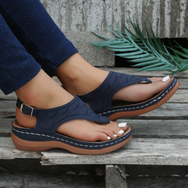 Women's Retro Wedge Thong Sandals, Casual Buckle Strap Arch Support Sandals, Comfortable Summer Sandals