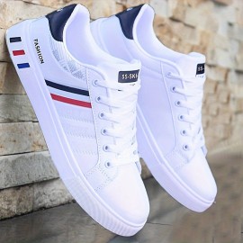 Men's Trendy Stripe Design Skate Shoes With PU Leather Uppers, Wear-resistant Non Slip Lace-up Shoes For Outdoor Casual, Men's Street Footwear