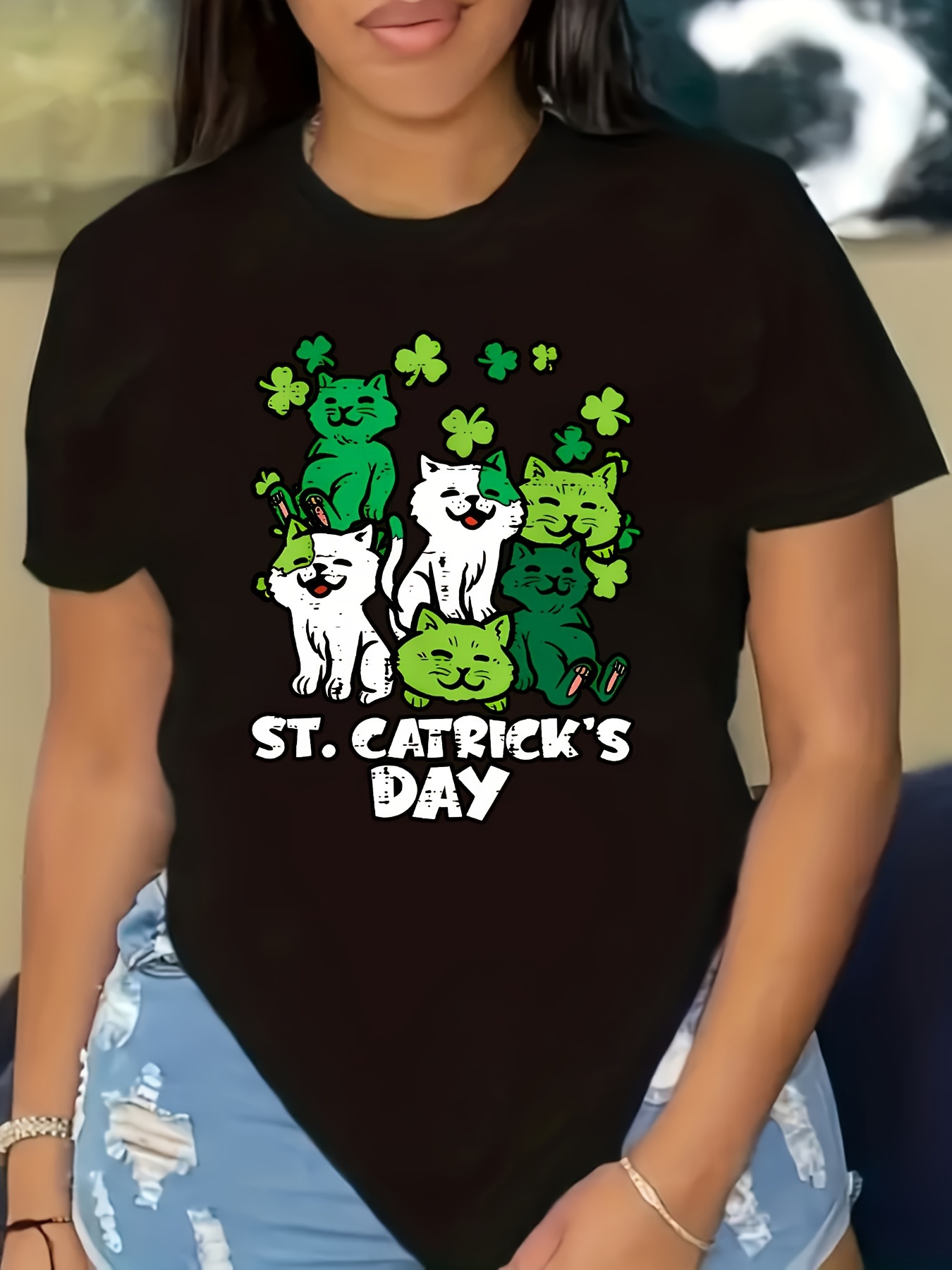 st patricks day clover and cat print sports t shirt round neck short sleeves running fitness tops womens activewear details 1