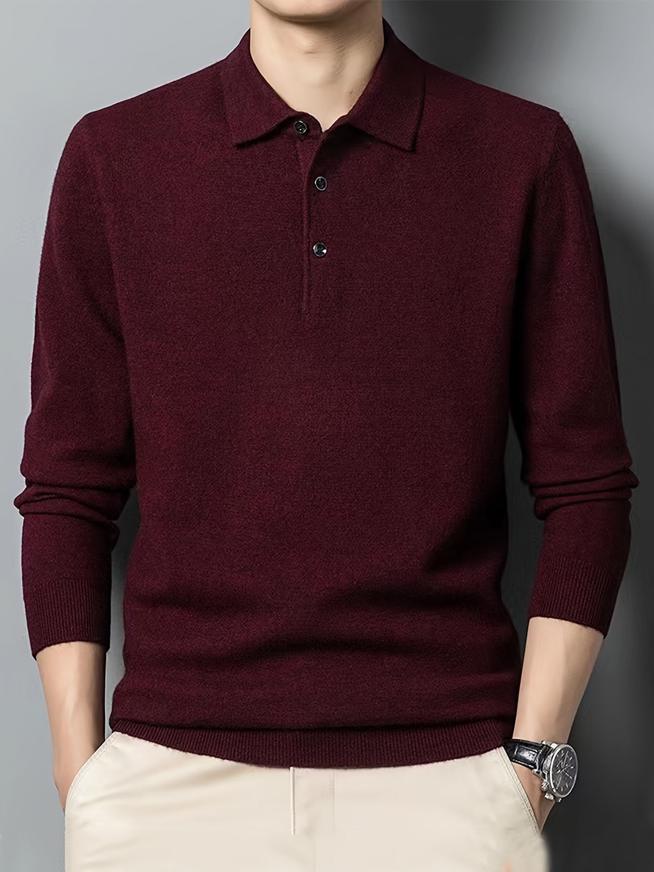 solid color mens stretch comfy knitted long sleeve lapel shirt mens thin spring fall sweater pullover top details 8