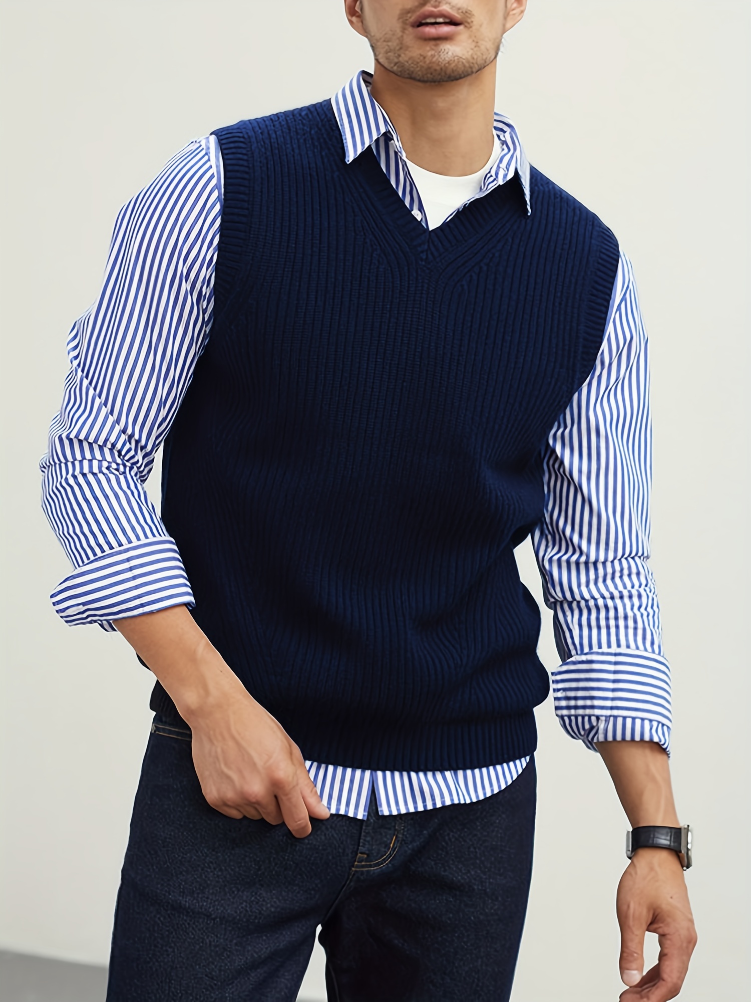 mens v neck sweater vest pullover solid color sleeveless sweaters vest preppy style details 6