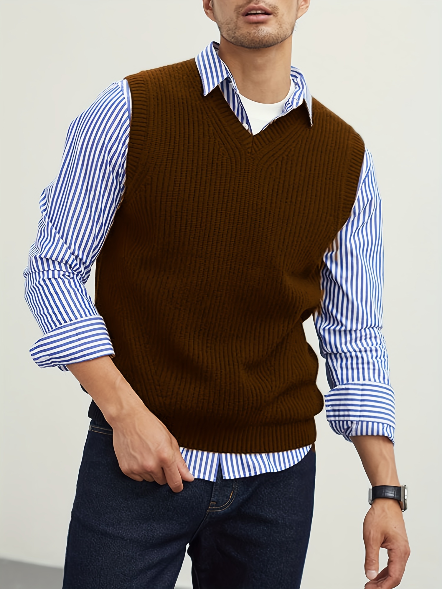 mens v neck sweater vest pullover solid color sleeveless sweaters vest preppy style details 18