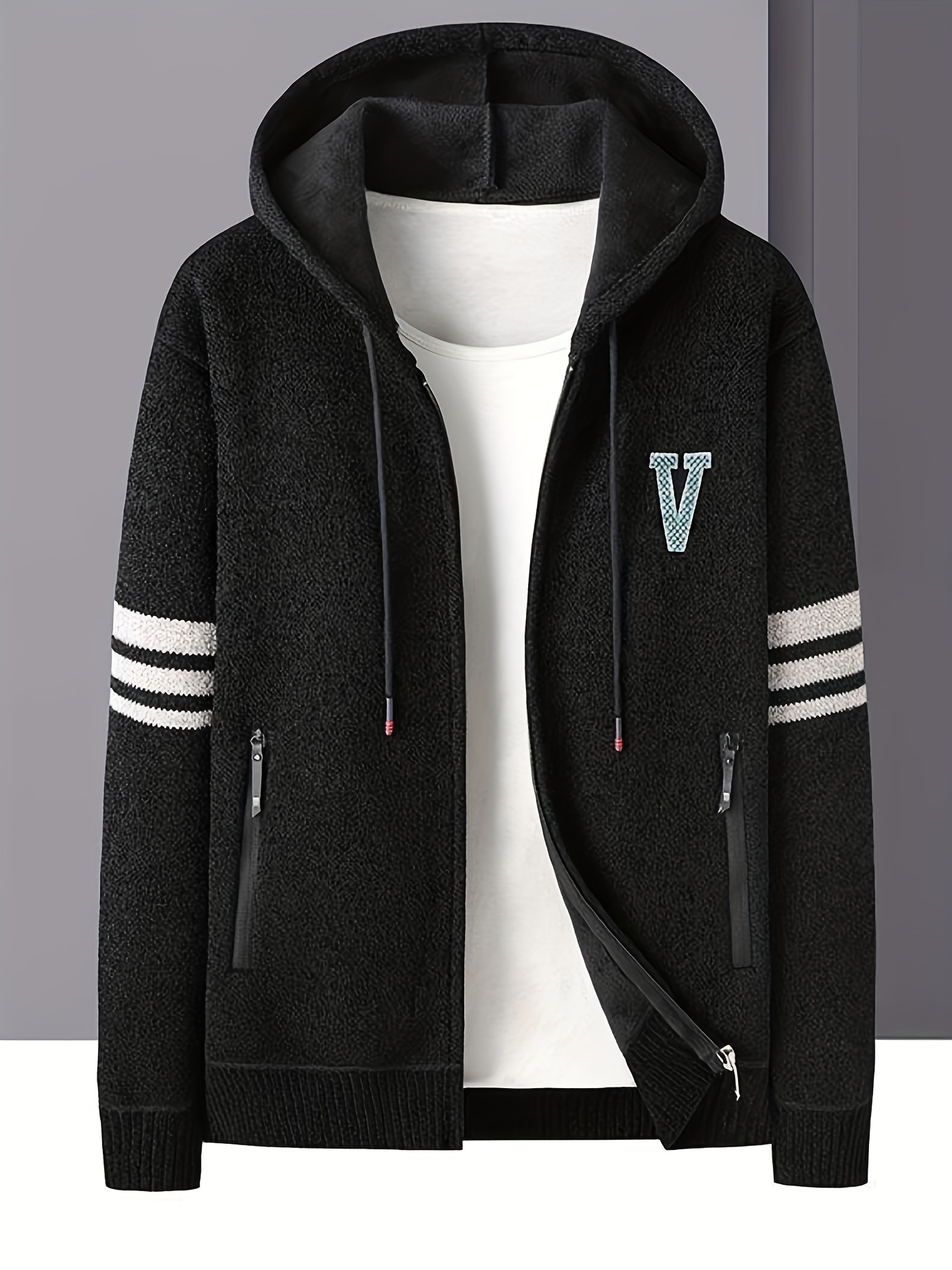 mens striped fleece hooded cardigan casual slightly stretch breathable zip up thermal jacket for fall winter outdoor details 2