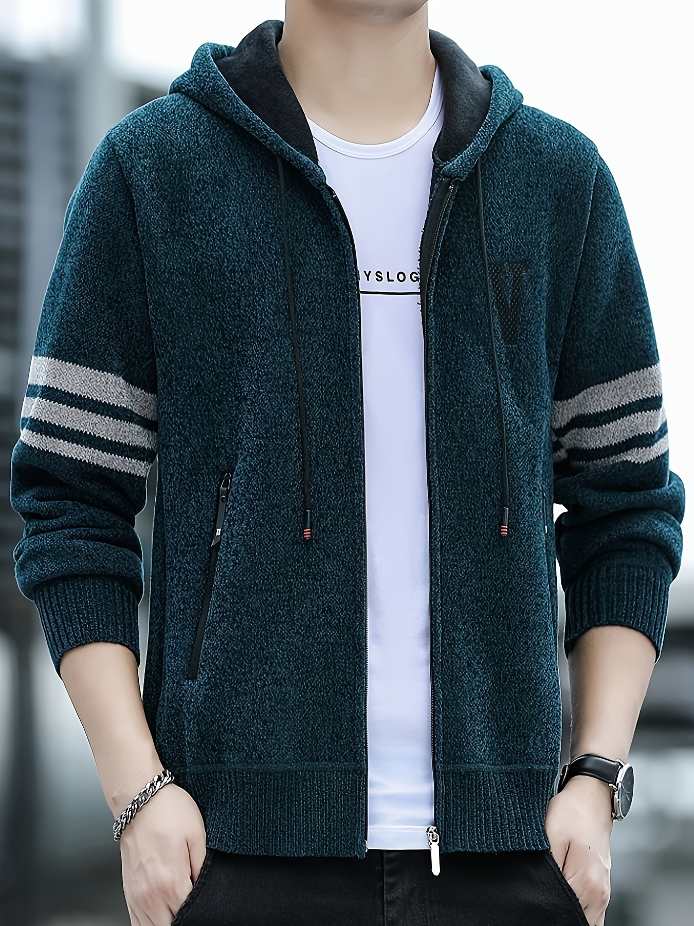 mens striped fleece hooded cardigan casual slightly stretch breathable zip up thermal jacket for fall winter outdoor details 7