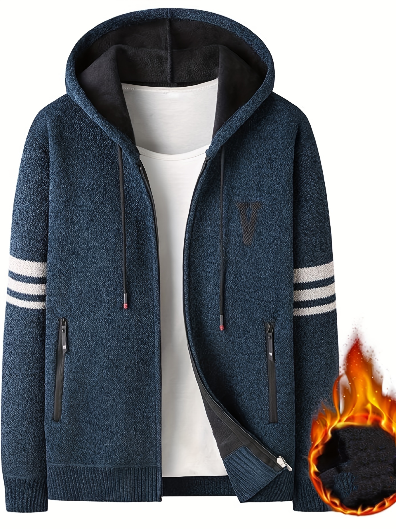 mens striped fleece hooded cardigan casual slightly stretch breathable zip up thermal jacket for fall winter outdoor details 8