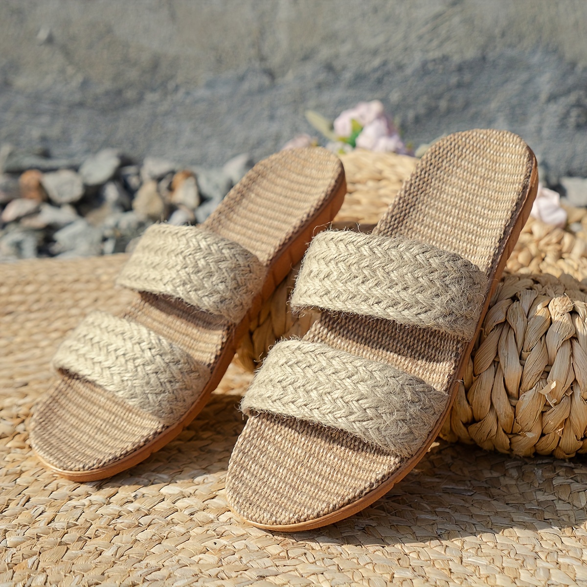 womens solid color stylish sandals slip on woven straw lightweight vacation slides soft linen sole beach slides details 7